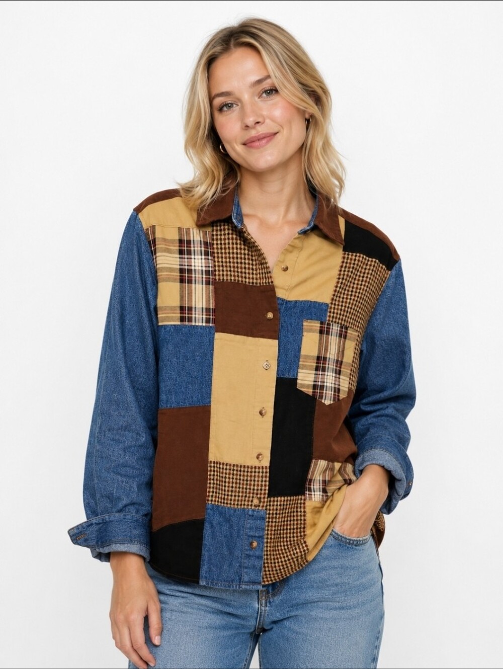Susan Bristol Y2K Casual Women's Patchwork Blazer Jacket Blue Tan & Brown Sz Med